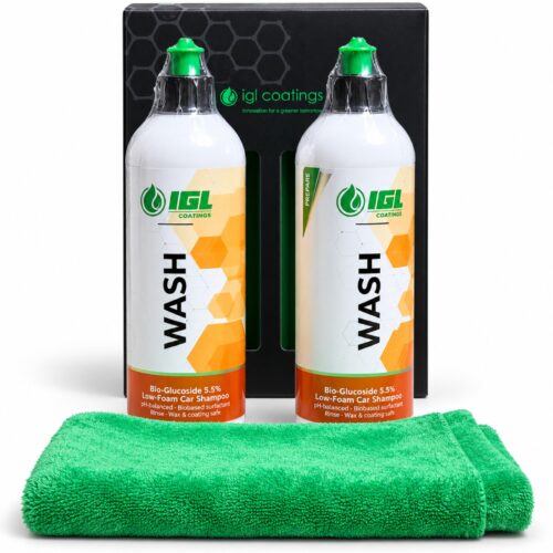 igl-wash-duopack-2x500ml-met-microvezeldoek IGL Wash duopack met twee flessen, groene microvezeldoek en doos.