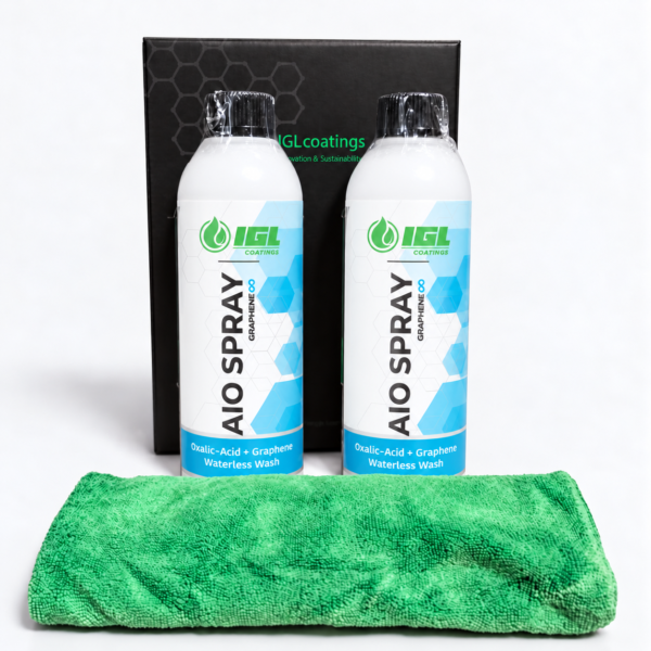 IGL Ecoclean AIO Spray Graphene ∞ duopack: twee witte 500 ml-flessen met zwarte doppen, zwarte doos en gratis groene coatingdoek.