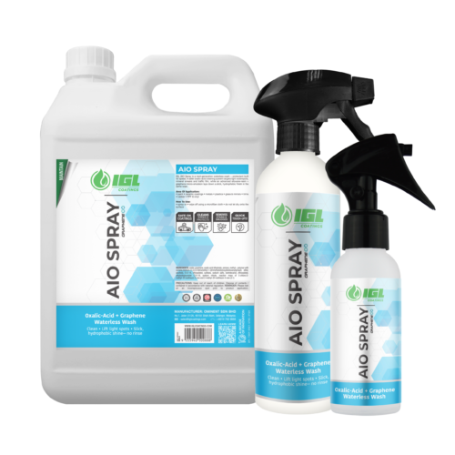 IGL Ecoclean AIO Spray Graphene ∞ in 100 ml, 500 ml en 5 L met vernieuwde blauw-witte verpakkingen.